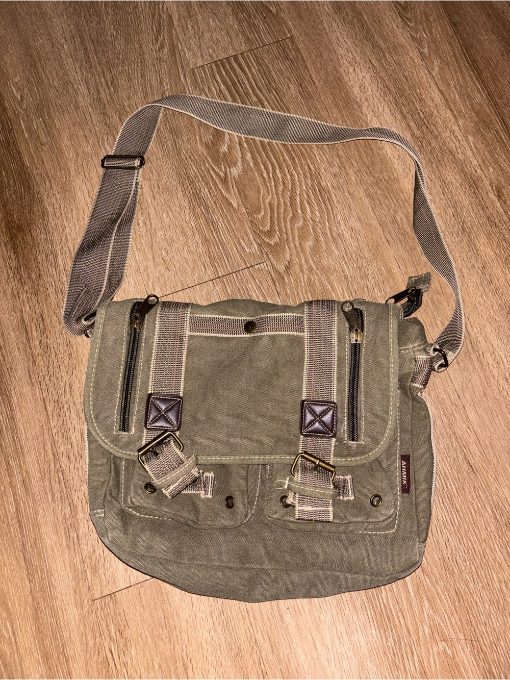AHMIK Vintage Military Multi-Pocket Canvas Messenger Bag Army Green 16” c23